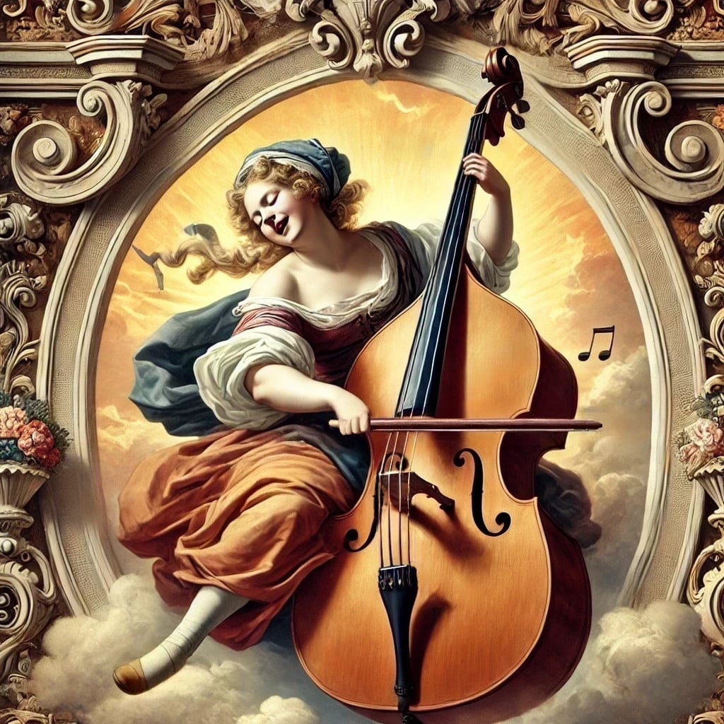 Oil painting of a female double bassist